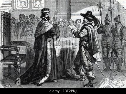 "L'Arrestation d'Anne du Bourg (1521-1559) magistrat francais pour ses opinions calvinistes" (magistrat francese Anne du Bourg arrestato da henri II beca Foto Stock