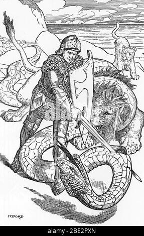 'Le chevalier Perceval combattant un serpent geant' (Percival fightint the serpent) Illustration de HJ Ford (1860-1940) tiree de 'il libro del romanticismo' Foto Stock