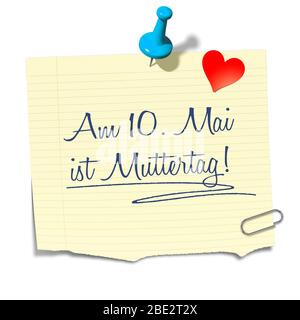 Eine Haftnotiz mit der Aufschrift: «Am 10. Mai ist Muttertag!' Foto Stock