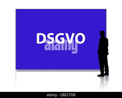 Un uomo davanti a un grande schermo bianco vuoto Foto Stock