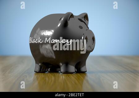 rendering 3d di una banca piggy con la parola denaro nero Foto Stock