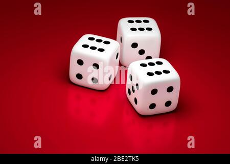 Illustrazione 3D di tre dadi bianchi su sfondo rosso Foto Stock