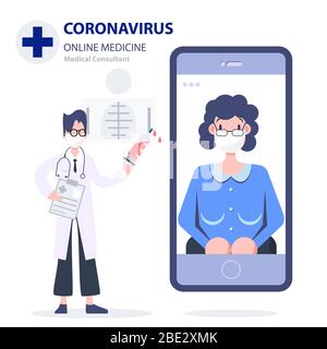 Tele medicina. Medicina online. Concetto di consulente medico. Persone che indossano maschera lotta covid-19. Epidemia di coronavirus pandemia. Piano scientifico sanitario Illustrazione Vettoriale