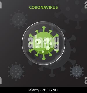 Personaggio del virus all'interno della lente di vetro coronavirus covid-19 su sfondo nero. Assistenza sanitaria e concetto medico. Disegno cartoon piatto. Illustrazione Vettoriale