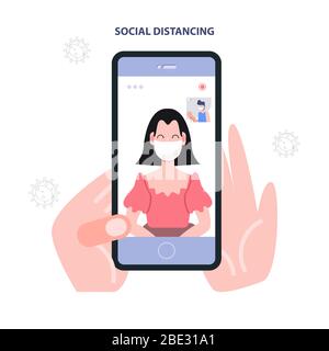 Concetto di quarantena per le distanze sociali. Persone che indossano maschera lotta Covid-19 proteggere il coronavirus. Chiamata vdo mobile. Telelavoro. Comunicazione online. Di Illustrazione Vettoriale