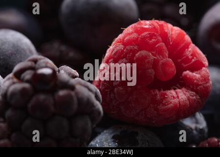 una bella foto di primo piano di frutta, con lamponi, mirtilli e more, studio shot Foto Stock