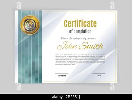 Certificato ufficiale bianco con elementi di design verdi. Bianco moderno con emblema in oro. Illustrazione vettoriale. Mosaico verde in fila Illustrazione Vettoriale