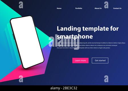 Mockup della landing page dell'app mobile. Smartphone nero, vista prospettica del telefono cellulare e visualizzazione realistica dei modelli vettoriali 3d sullo schermo Illustrazione Vettoriale