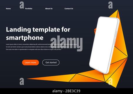 Modello di pagina di destinazione per smartphone bianco. Schermo per smartphone moderno senza cornice, modello di presentazione dell'app per telefono cellulare e realistico mockup per smartphone 3D Illustrazione Vettoriale