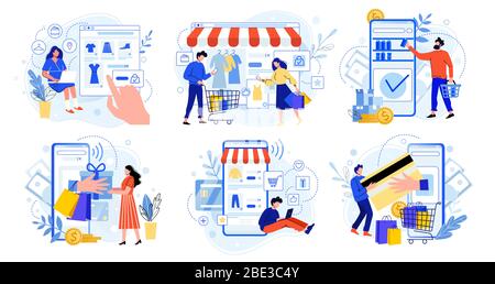 Shopping online. Mercato Internet, shopping di app mobili e persone acquistano regali. Pagamento smartphone e vendita di abbigliamento Flat Vector illustrazione set. E Illustrazione Vettoriale