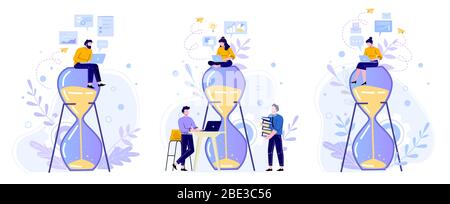 Clessidra gestione tempo. Le persone lavorano con un notebook su vetro smerigliato, ore di lavoro e produttività del team insieme di illustrazioni vettoriali piatte. Lavoratori in ufficio Illustrazione Vettoriale