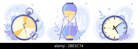 Orologio, clessidra e cronometro. Orologio ore, conto alla rovescia timer e vetro smerigliato piatto vettore illustrazione set. Concetto di gestione del tempo. Sport e casa Illustrazione Vettoriale