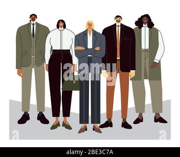 Team aziendale. Teamleader con dipendenti, lavoratori d'ufficio ritratto e professionisti gruppo persone ufficio semplice illustrazione vettoriale. Subordinazione Illustrazione Vettoriale