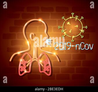 corpo con polmoni e particelle di 2019 ncov di luce al neon Illustrazione Vettoriale