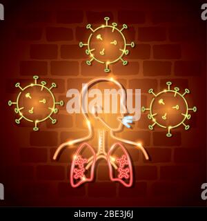 corpo con polmoni e particelle di 2019 ncov di luce al neon Illustrazione Vettoriale