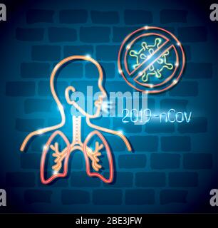 corpo con polmoni per 2019 ncov di luce al neon Illustrazione Vettoriale
