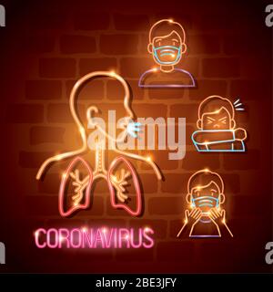 impostare le icone di 2019 ncov di luce al neon Illustrazione Vettoriale