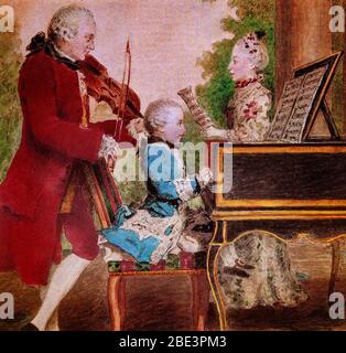 Un ritratto di famiglia di Mozart con Amedeo sul pianoforte, Padre Leopoldo su violino e madre, Maria Anna che canta. Dipinto di Louis Carrogis Carmontelle (1717-1806). Foto Stock