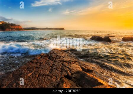 Roccia di arenaria piatta con motivi naturali sulle spiagge del Nord di Sydney all'alba. Foto Stock