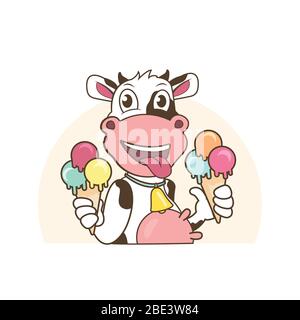 Mucca Mascot personaggio che tiene UN gelato. Illustrazione Vettoriale