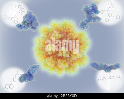 Farmaci potenziali per il coronavirus, illustrazione. In senso orario dalla parte superiore sinistra sono le molecole dell'analogo nucleotidico remdesivir, la proteasi antiretrovirale Foto Stock