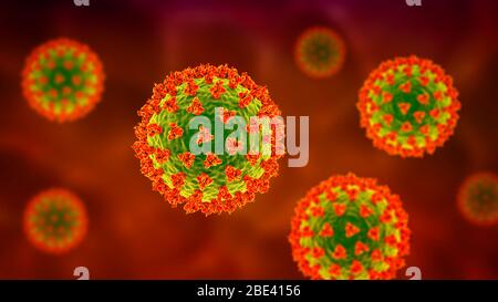 Particelle di coronavirus Covid-19, illustrazione. Il coronavirus SARS-cov-2 è stato identificato per la prima volta a Wuhan, in Cina, nel dicembre 2019. Si tratta di un virus dell'RNA (acido ribonucleico) con involucro. All'interno della membrana sono presenti proteine di picco (grandi sporgenze), proteine di membrana e proteine di involucro. SARS-cov-2 causa l'infezione respiratoria Covid-19, che può portare a polmonite fatale. A marzo 2020, il virus si è diffuso in molti paesi del mondo ed è stato dichiarato pandemico. Centinaia di migliaia di persone sono state infettate da decine di migliaia di morti. Foto Stock