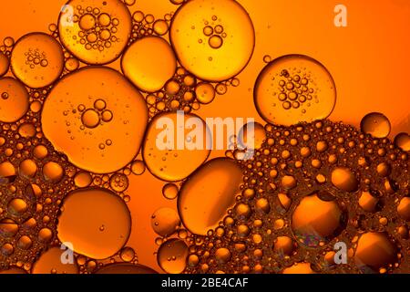 Rosso giallo dorato bolla, acqua e gocce d'olio, Abstract sfondo. Scatto macro. Foto Stock