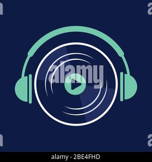registrazione in vinile riproduzione di musica vettoriale con cuffie su sfondo blu Illustrazione Vettoriale