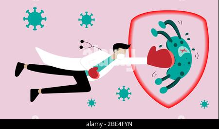 Stop CoVID-19 Concept, Dottor Fight Coronavirus 2019 da pugile guanto punch. Illustrazione Vettoriale
