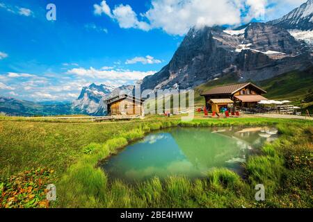 Piccolo stagno alpino turchese carino in località di montagna Kleine Scheidegg, Grindelwald, Oberland Bernese, Svizzera, Europa Foto Stock