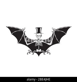 Scheletro di un pipistrello vampiro con una silhouette a cappello su uno sfondo bianco isolato. Immagine vettoriale Illustrazione Vettoriale