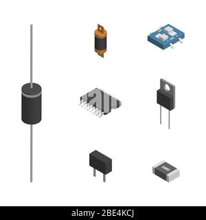 Insieme di diversi componenti elettronici attivi e passivi isolati su sfondo bianco. Resistore, condensatore, diodo, microcircuito, il fusibile e il pulsante. 3D Illustrazione Vettoriale