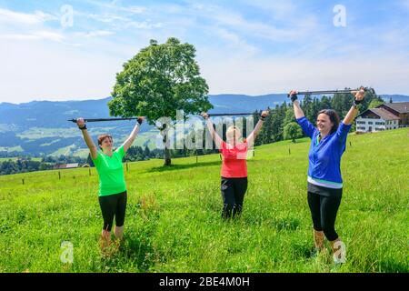 Fitness in natura verde con esercizi di nordic walking Foto Stock