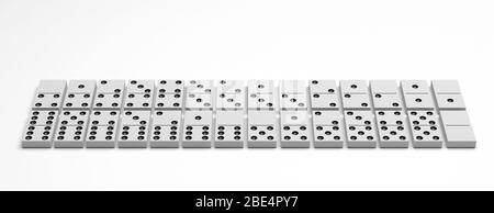 Set di tessere dominali. Domino game blocca il colore bianco con punti neri isolati su sfondo bianco. Concetto di effetto domino aziendale. illustrazione 3d Foto Stock