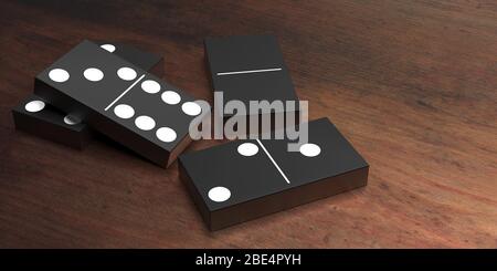 Gioco di domino. Mattonelle Domino colore nero su sfondo legno. Gioco da tavolo, tempo libero, divertimento. illustrazione 3d Foto Stock