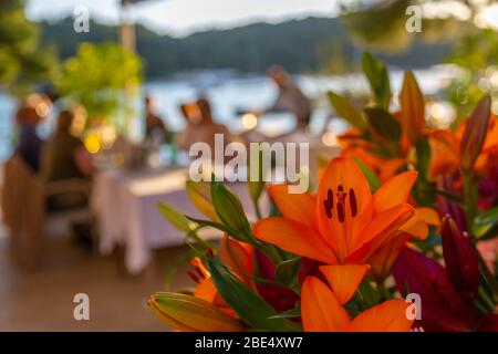 Vista del ristorante al tramonto a Cavtat sul mare Adriatico, Cavtat, Riviera di Dubronick, Croazia, Europa Foto Stock