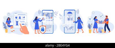 Shopping online. L'acquirente ha scelto i beni, pagato per il mobile banking, tracking pacco e consegna al cliente. Ordinare online l'illustrazione di un vettore piatto Illustrazione Vettoriale