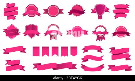 Badge banner a nastro. Cornice con nastro, stemma astratto e nastro curvo plat vettoriale set. Collezione di etichette e francobolli rosa Illustrazione Vettoriale
