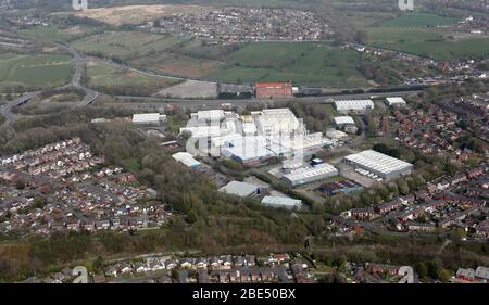 Vista aerea della North Industrial Estate all'incrocio 8 della M61, Chorley, Lancashire Foto Stock