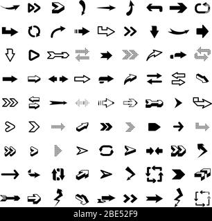Frecce grafiche. Icone grafiche di interfaccia moderna, raccolta di frecce e puntatori di direzione elementi di progettazione vettoriale isolati. Nero glyph digitale Illustrazione Vettoriale