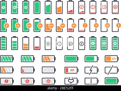 Logo di ricarica della batteria. Livello di carica, stato di energia dell'accumulatore dello smartphone. Indicatori del segnale della batteria del telefono cellulare icone isolate vettoriali impostate. Vuoto Illustrazione Vettoriale