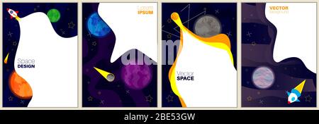 Set di modelli di banner. Concetto dell'universo. Pianeti nello spazio. Viaggio spaziale. Retro cartoni animati con razzi, comete e stelle. Illustrazione vettoriale. Illustrazione Vettoriale