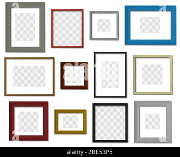 Cornice fotografica. Immagini da parete cornici di colori diversi, moderno bordo quadrato con set vettoriale di ombre realistiche. Cornici interne minimal mockup su Illustrazione Vettoriale