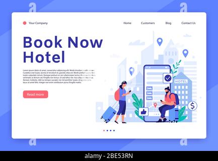 Sito web di prenotazione hotel. App mobile per turisti e viaggiatori, prenotazione di camere d'hotel servizio digitale concetto vettore modello di landing page. Appartamento Illustrazione Vettoriale