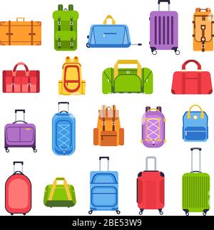 Borse per bagagli. Borsa per viaggi, turismo e vacanze, valigie da viaggio e accessori in pelle Set di icone vettoriali isolate. Gli indispensabili per il viaggio Illustrazione Vettoriale