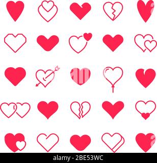 Icona Love Hearts. Simboli astratti rossi amorevoli del cuore per giorno di valentines, delineano gli elementi del cuore rosso e l'amore silhouette icone vettore isolato Illustrazione Vettoriale