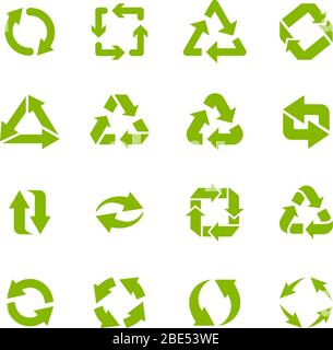 Frecce di riciclo. Icone di riciclaggio circolare per rifiuti, elementi di protezione eco e icone isolate per vettori di eco-segni riciclati. Trattamento dei rifiuti Illustrazione Vettoriale