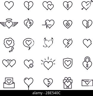 Icone della linea cardiaca. Stile cuore elementi decorativi, amore e amicizia simboli e contorno bella pittogrammi vettore isolato icone set. Sentimenti Illustrazione Vettoriale