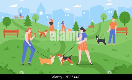 Cani al parco. Animali domestici che giocano nel parco dei cani, la gente cammina e gioca con i cani in giardino esterno, parco urbano dei cani paesaggio colorato illustrazione vettoriale. PET Illustrazione Vettoriale