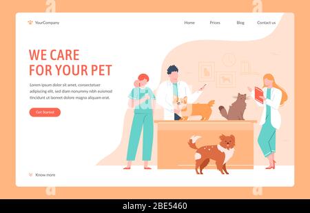 Aiuto clinico veterinario. Medici cani e gatti che praticate le vaccinazioni, misurano la temperatura e sottoporla a test, vettore di esame clinico per animali domestici Illustrazione Vettoriale